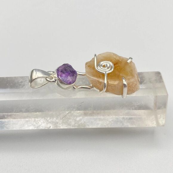 Citrine Stalactite & Amethyst Rough Sterling Silver Pendant - Picture 6 of 9